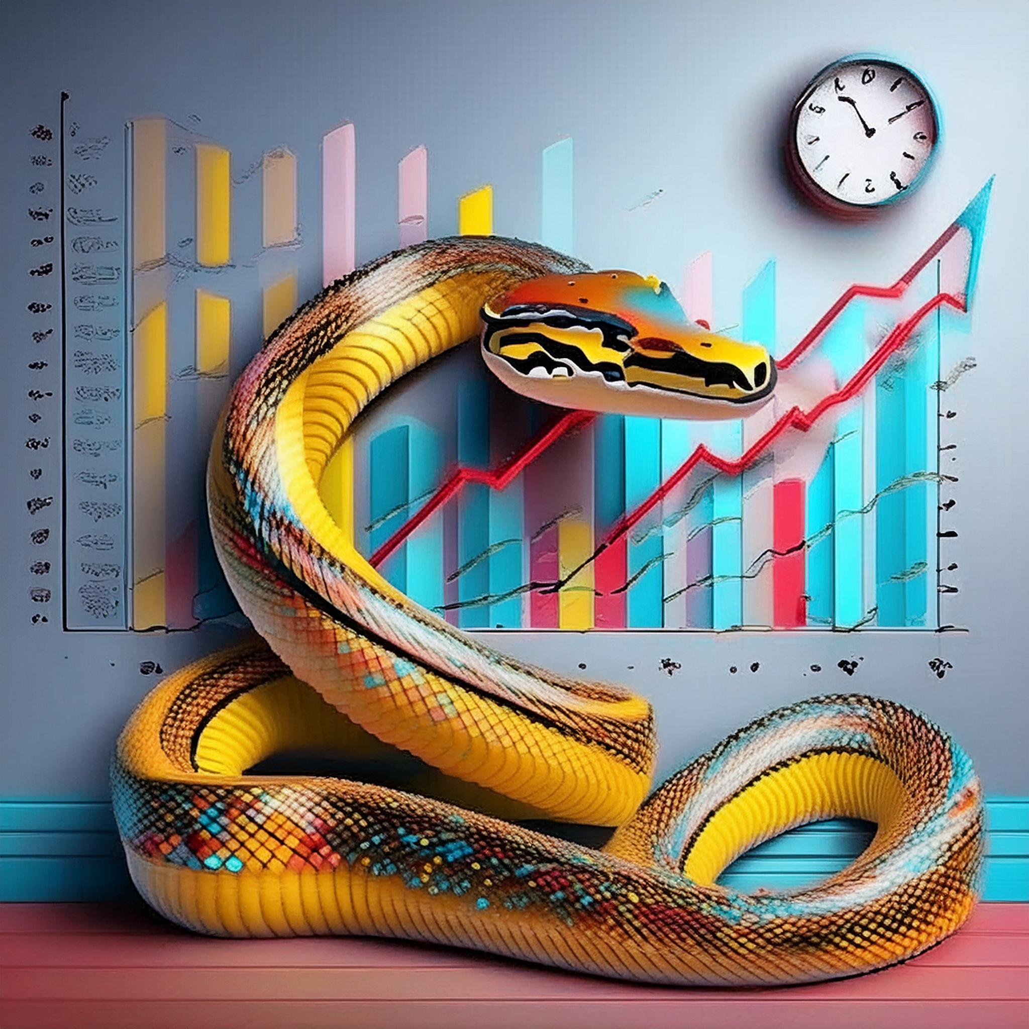 AI prompt: a python snake drawing a line plot, with a large clock on the wall